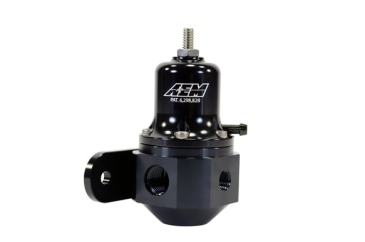 AEM UNIVERSAL ADJUSTABLE FUEL PRESSURE REGULATOR - 40-130 PSI / Inlet: 2 X -6AN (9/16-18) Outlet: -6AN - Gauge Port: 1/8 In. NPT - Black