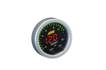 AEM X-SERIES PRESSURE GAUGE / 0-15 PSI - Black Bezel And Black Boost/Fuel Faceplate