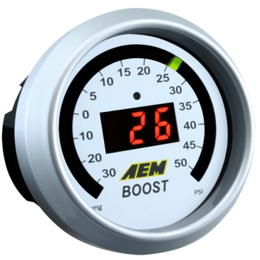 AEM 30-35PSI BOOST DISPLAY GAUGE /  Black And Silver Bezel - Black And White Faceplate