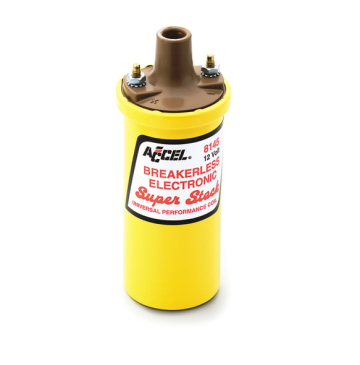 ACCEL IGNITION COIL - SUPERSTOCK - BREAKERLESS ELECTRONIC COIL - YELLOW / This ACCEL Super Coil is effective up to 6500 RPM, maximum voltage 45,000 volts
