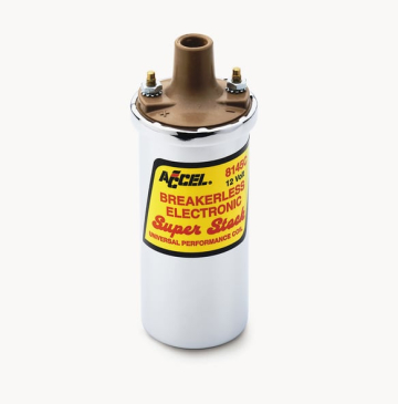 ACCEL IGNITION COIL - SUPERSTOCK - BREAKERLESS ELECTRONIC COIL - CHROME / This chrome ACCEL Super Coil is effective up to 6500 RPM, maximum voltage 45,000 volts