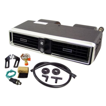 FORD MUSTANG OLD AIR PRODUCT INSIDE PACKAGE, UNDERDASH A/C & HEATER UNIT, CHROME FACE W/ RECTANGULAR LOUVERS (CABLE HEATER VALVE)