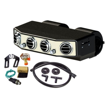 FORD MUSTANG OLD AIR PRODUCT INSIDE PACKAGE, UNDERDASH A/C & HEATER UNIT, BRUSHED ALUMINUM FACE W/ ROUND LOUVERS (CABLE HEATER VALVE)