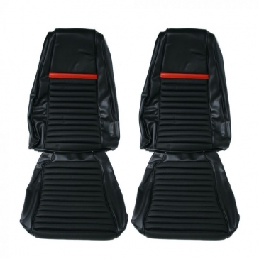 1969 FORD MUSTANG MACH 1 TWO FRONT BUCKET SEATS UPHOLSTERY ONLY - FASTBACK (BLACK/RED) DISTINCTIVE INDUSTRIES