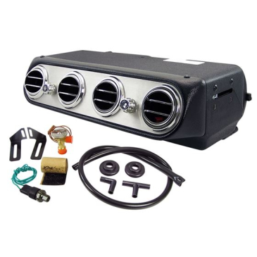 FORD MUSTANG OLD AIR PRODUCT INSIDE PACKAGE, UNDERDASH A/C & HEATER UNIT, BRUSHED ALUMINUM FACE W/ ROUND LOUVERS (CABLE HEATER VALVE)