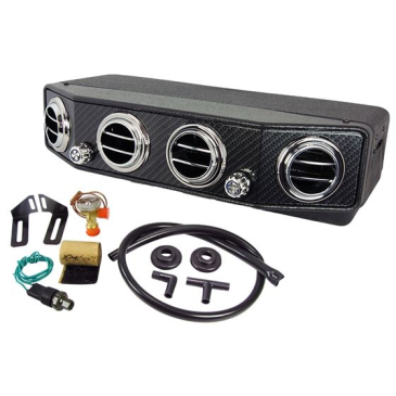 FORD MUSTANG OLD AIR PRODUCT INSIDE PACKAGE UNDERDASH A/C & HEAT SYSTEM, CARBON FIBER FACEPLATE W/ ROUND LOUVERS, CABLE OPERATED HEATER VALVE
