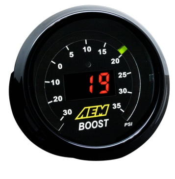 AEM 30-35PSI BOOST DISPLAY GAUGE /  Black And Silver Bezel - Black And White Faceplate