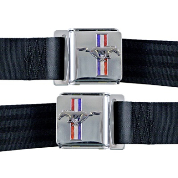 1964-1973 SCOTT DRAKE SEAT BELT SET WITH MUSTANG EMBLEM - PAIR DARK BLUE